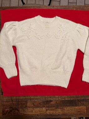 Ivory Floral embroidered flowers puff sleeves Appliqué Crewneck Sweater
